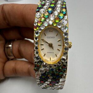 3/$30 Rhinestone Watch Women Gold Tone Striped Bling Bangle Band 6.5"